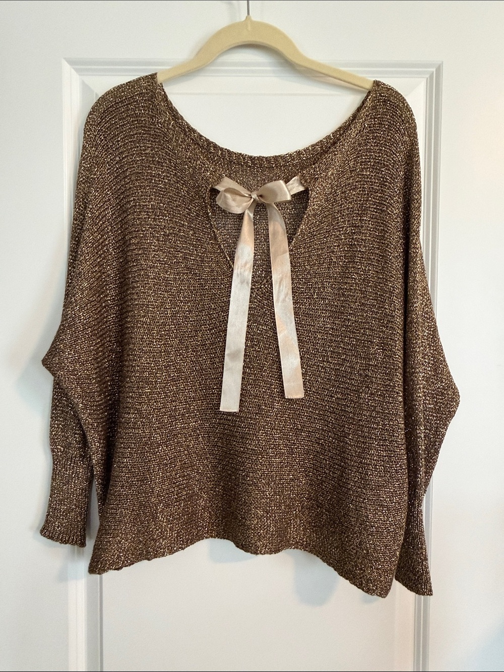 Metallic Gold Scoop-Neck Lightweight Knit Sweater